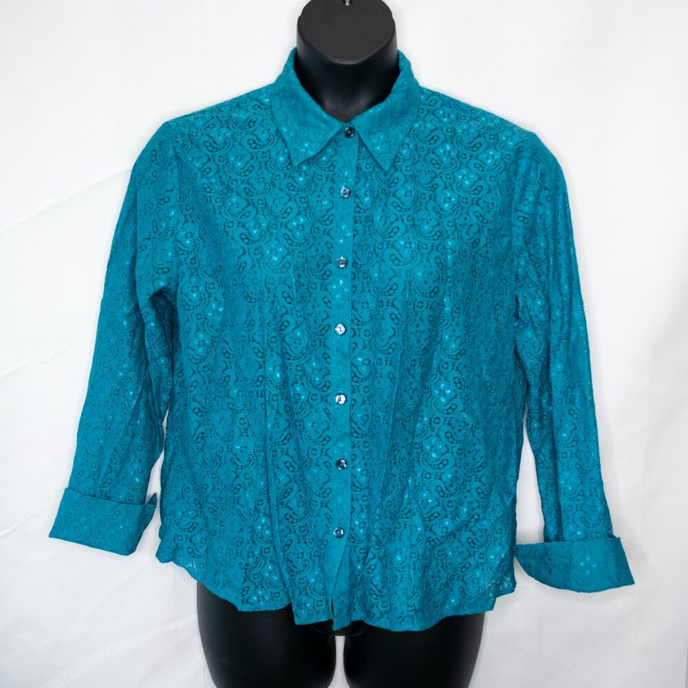NEW Faded Glory See Thru Lace Button Up Shirt Womens 16 18 XL Blue Top Boho Q14